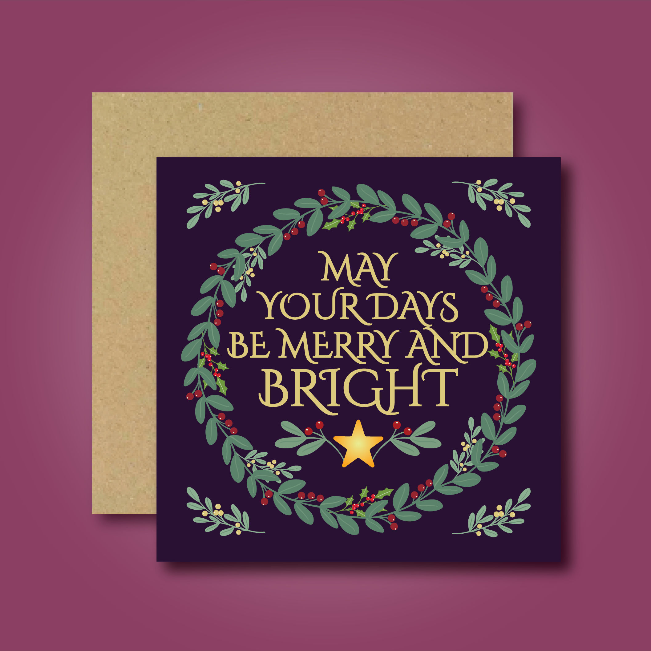 Merry & Bright Wreath Card (purple)
